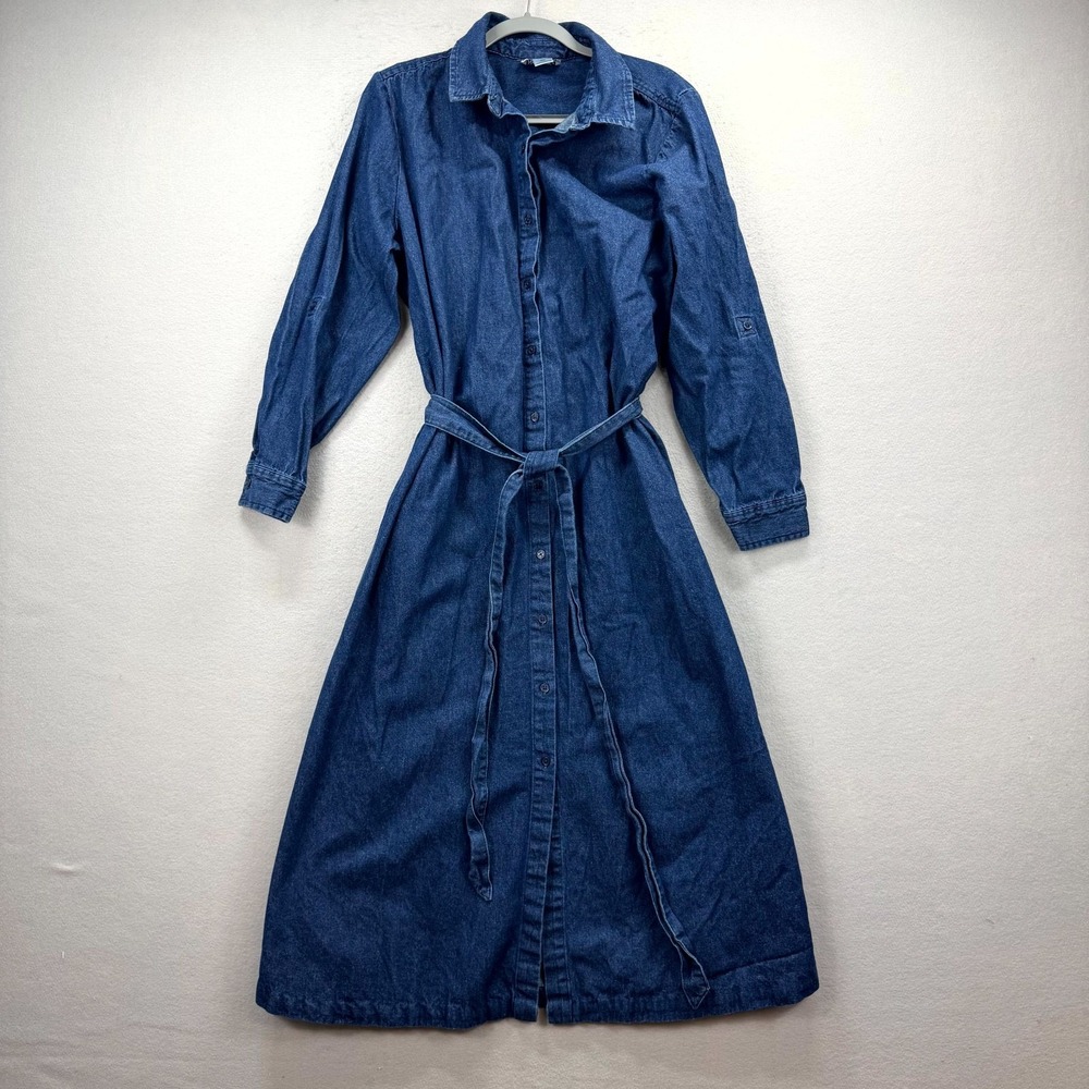 Anthony Richards Long Denim Dress Women's 22W Blue Tie Waist Button Up Roll Tab